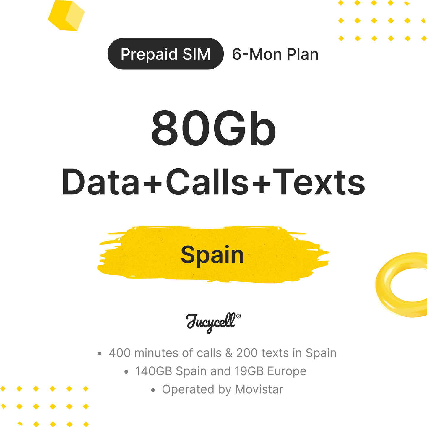 Prepaid SIM Spain 80Gb Data, Texts & Calls